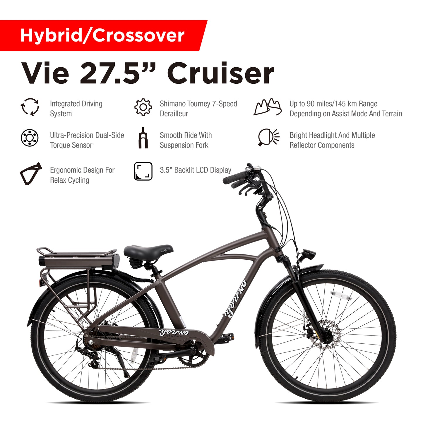 Vie 27.5in 7Sp 350W Ultra-Comfy Men's Cruiser E-Bike by Young Electric